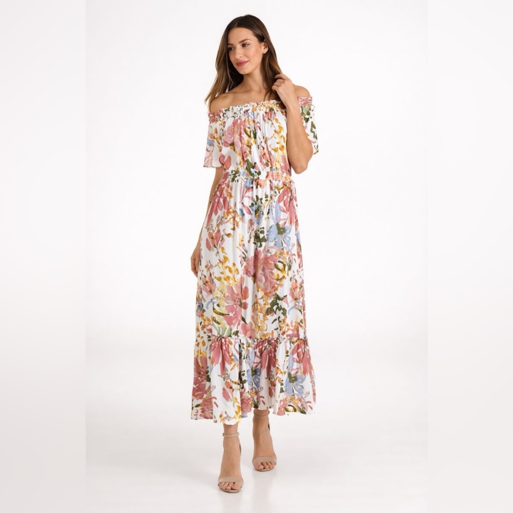 New Directions Ivory Floral Boho Maxi Dress Elastic Waist Fits‎ Medium
